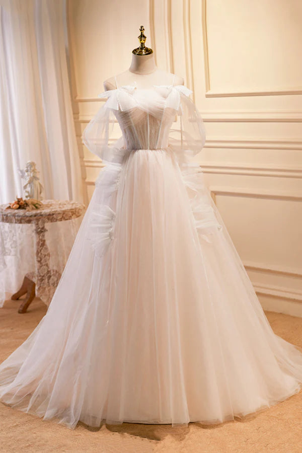 Wholesale Champagne Tulle Long Prom Dress Spaghetti Strap Evening Dress with Bow